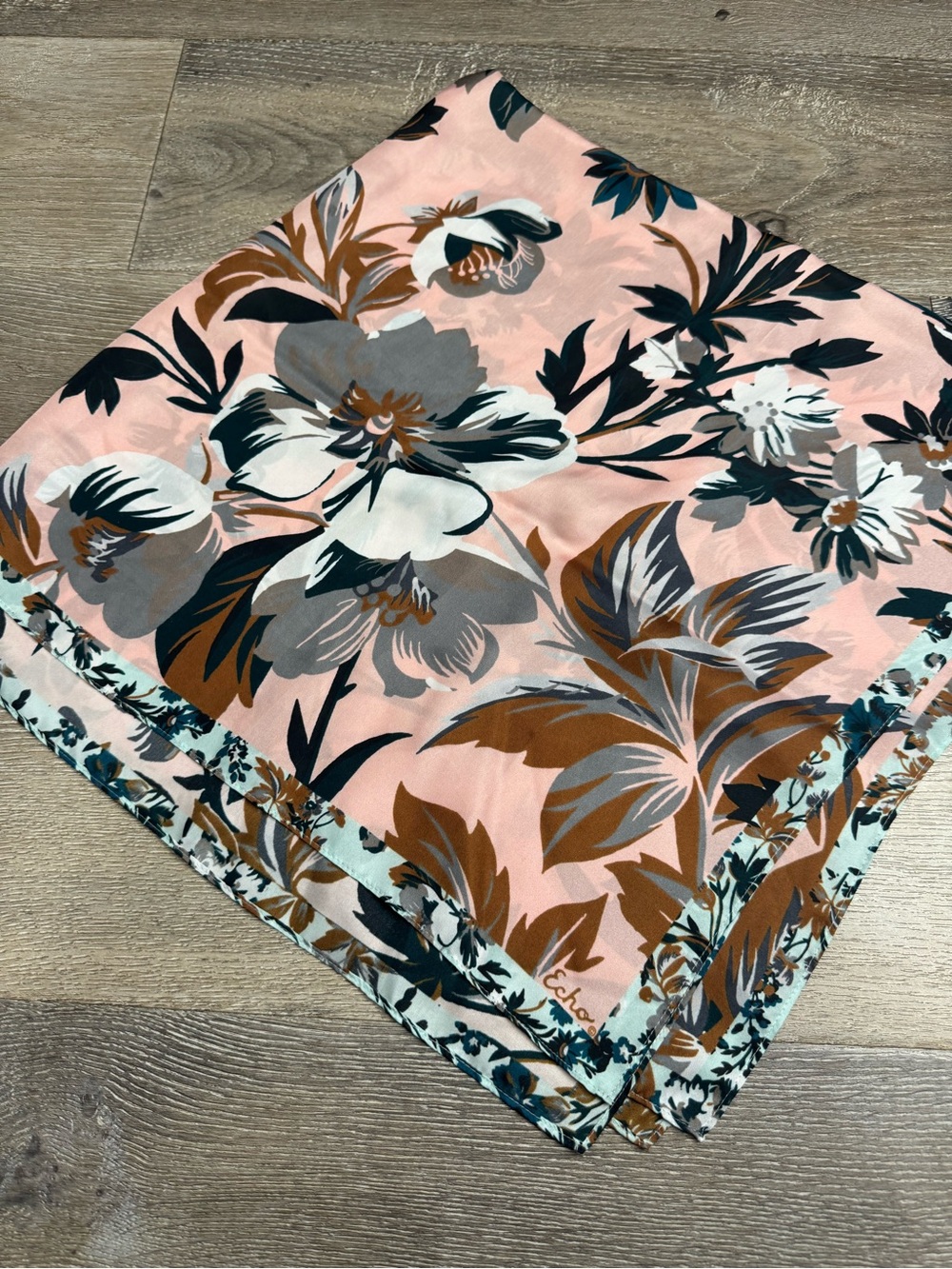 100% silk Echo Peach Floral Square Scarf with Brown & Gray Blooms 1132